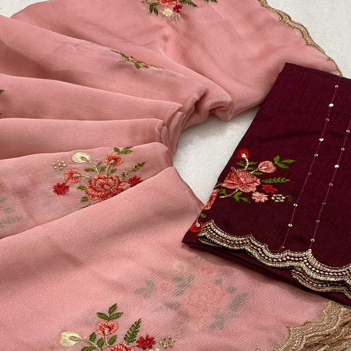 Pink Floral Embroidered Chiffon Saree