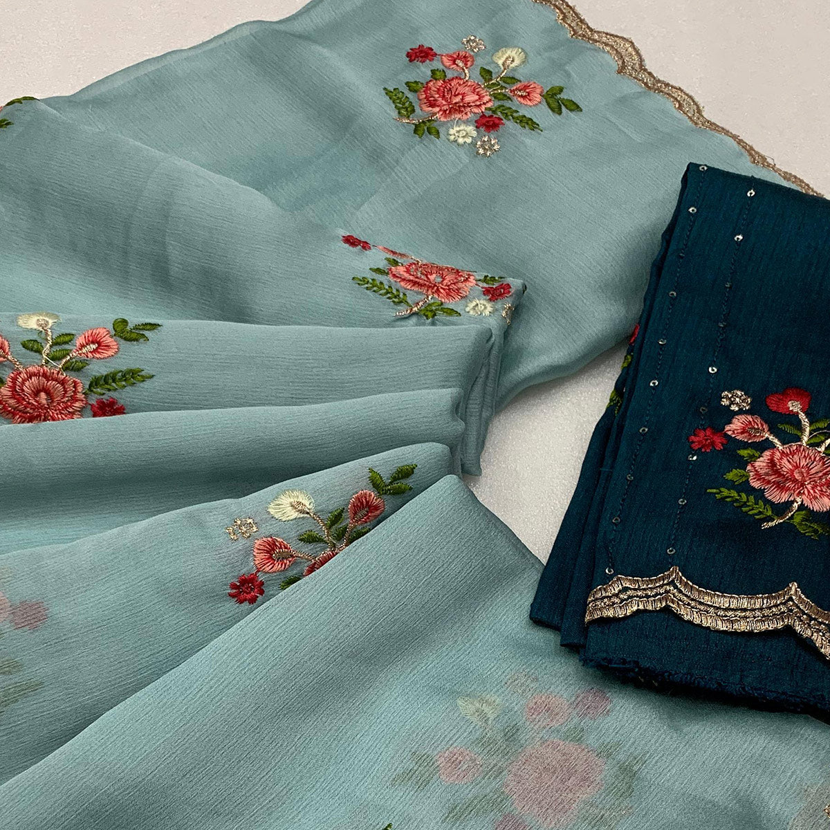 Sky Blue Floral Embroidered Chiffon Saree