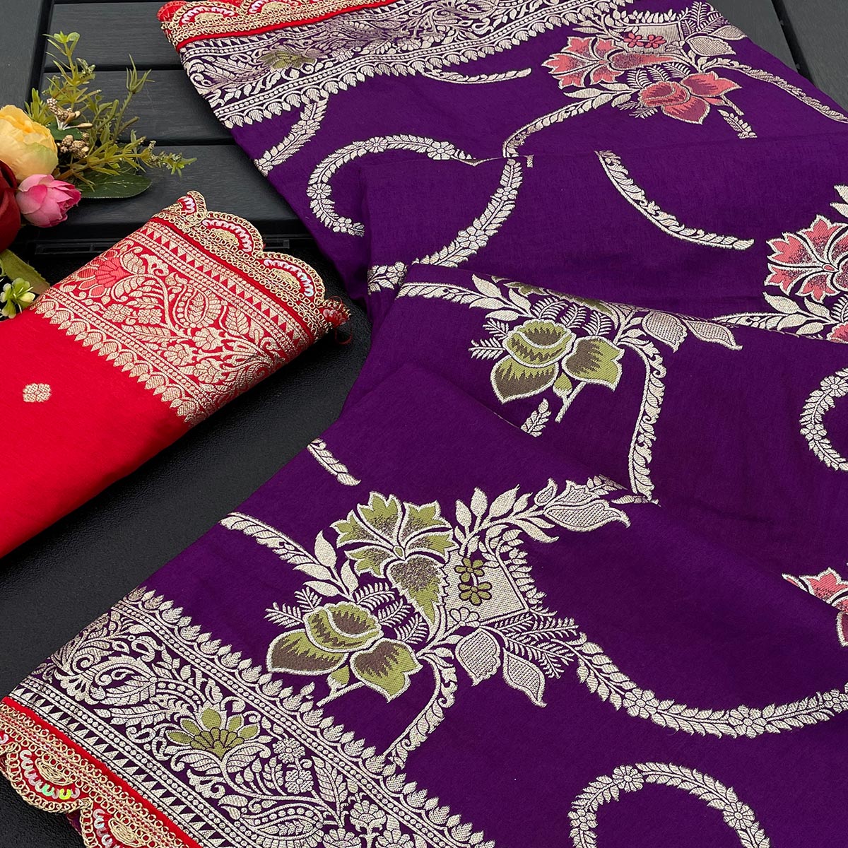 Purple Floral Woven Dola Silk Saree With Lace Border