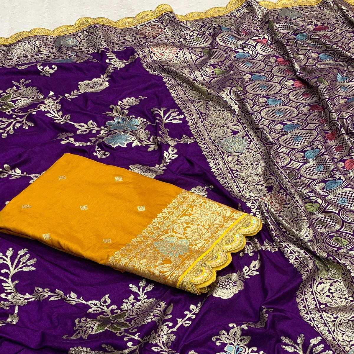 Purple Floral Woven Dola Silk Saree With Lace Border