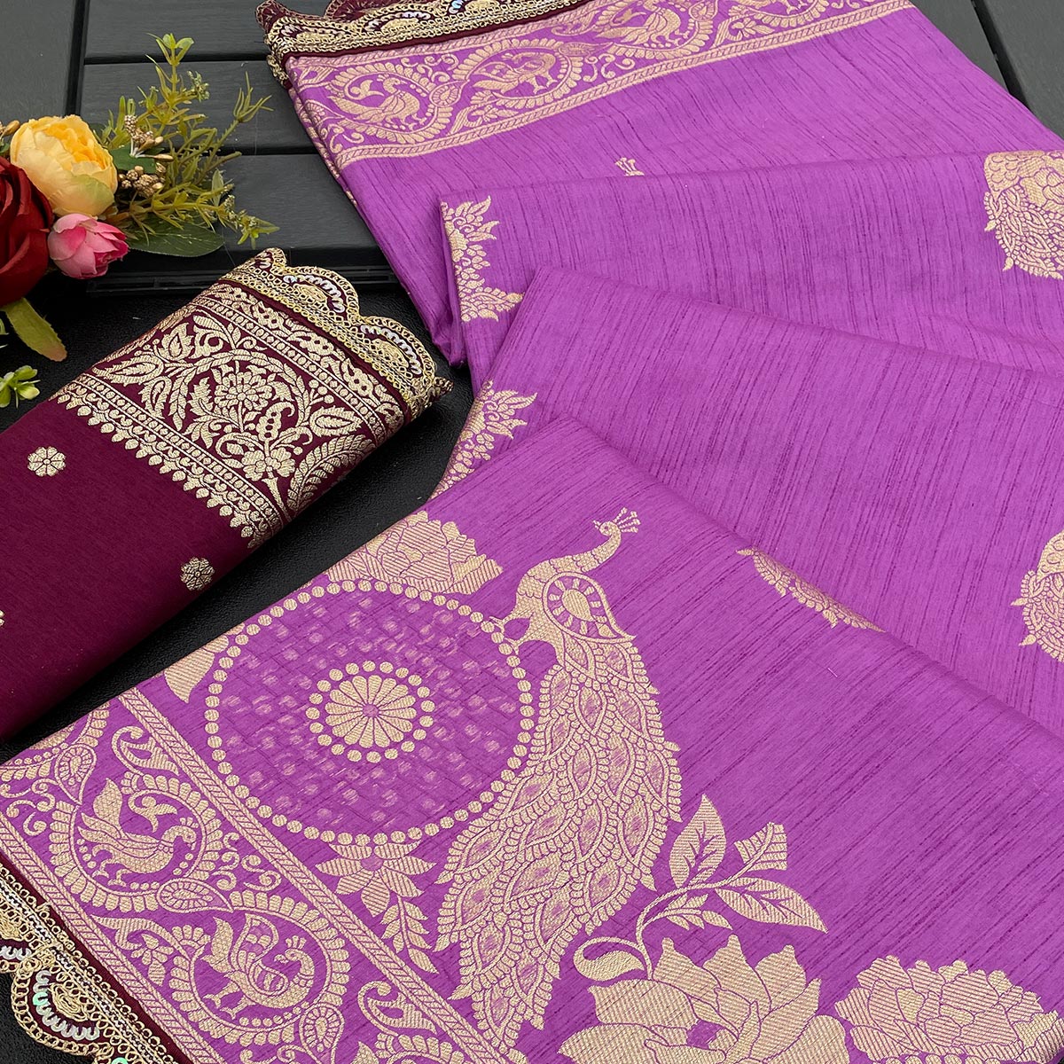 Violet Floral Woven Dola Silk Saree With Lace Border