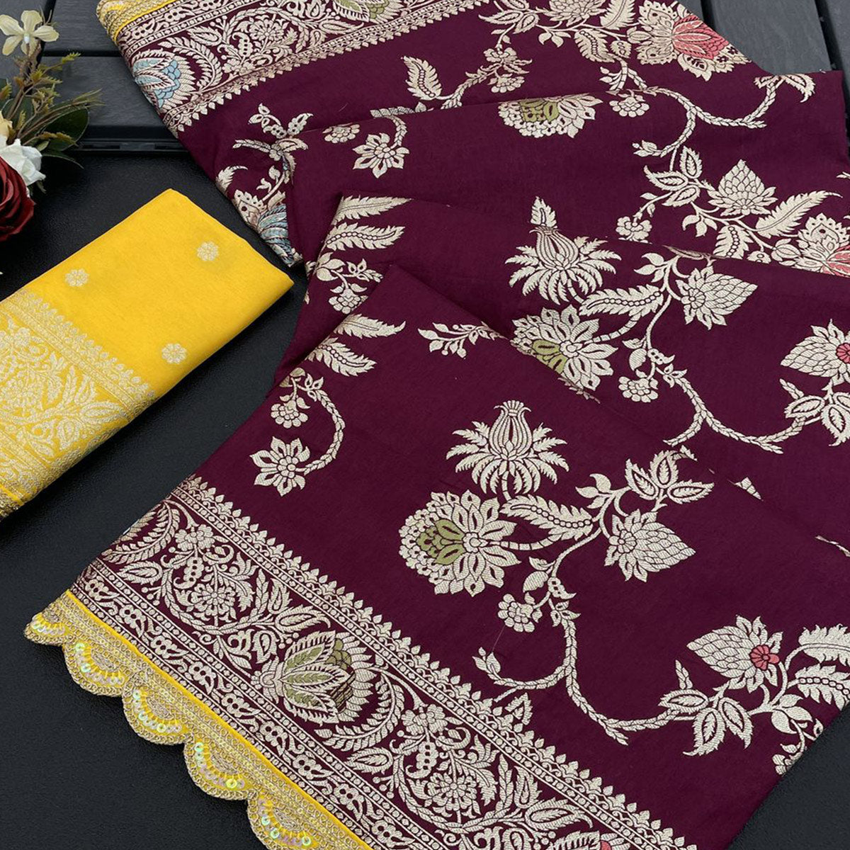 Wine Floral Woven Dola Silk Saree With Lace Border