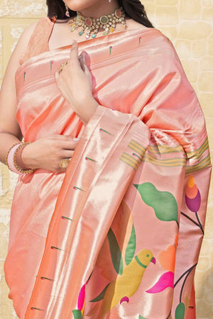 Peach Floral Zari Woven Silk Blend Paithani Saree With Intricate Weaving