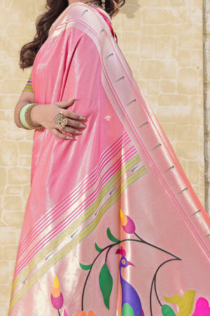 Pink Floral Zari Woven Silk Blend Paithani Saree With Intricate Weaving
