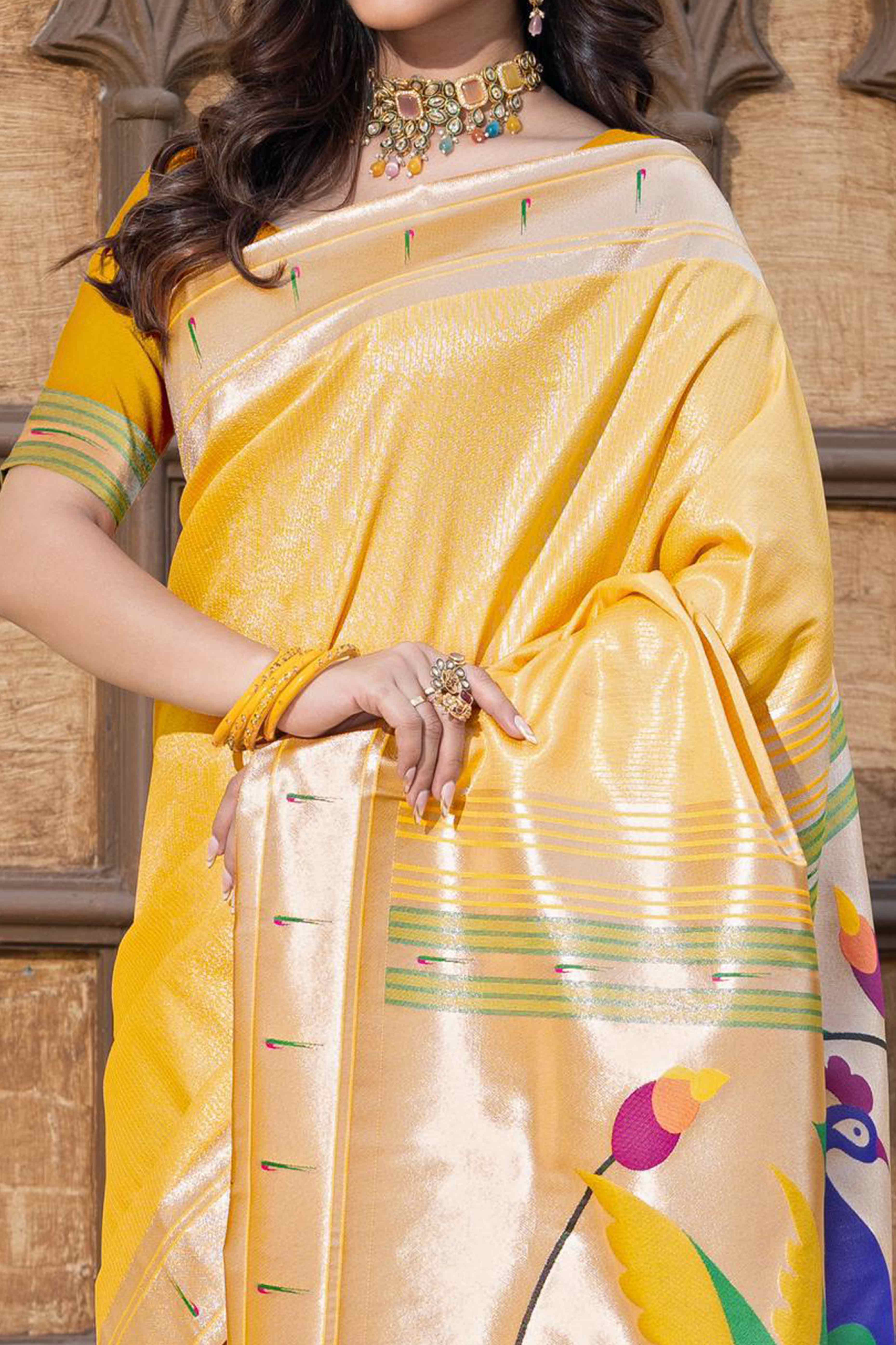 Yellow Floral Zari Woven Silk Blend Paithani Saree With Intricate Weaving