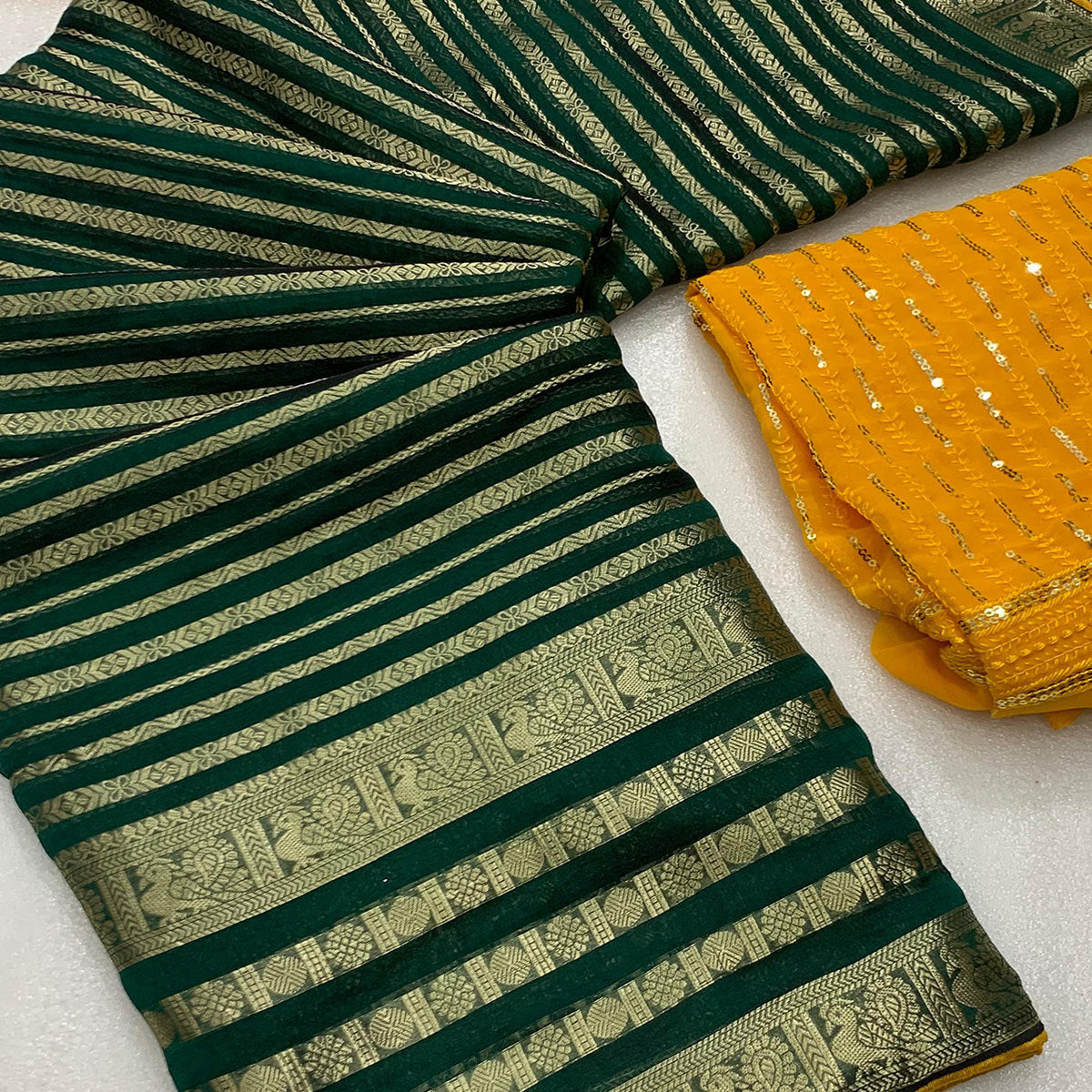 Dark Green Zari Work Woven Organza Saree