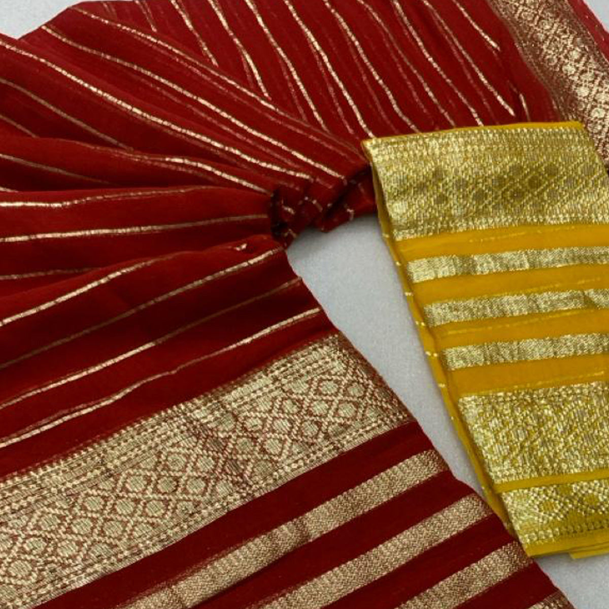 Dark Red Striped Zari Woven Viscose Saree