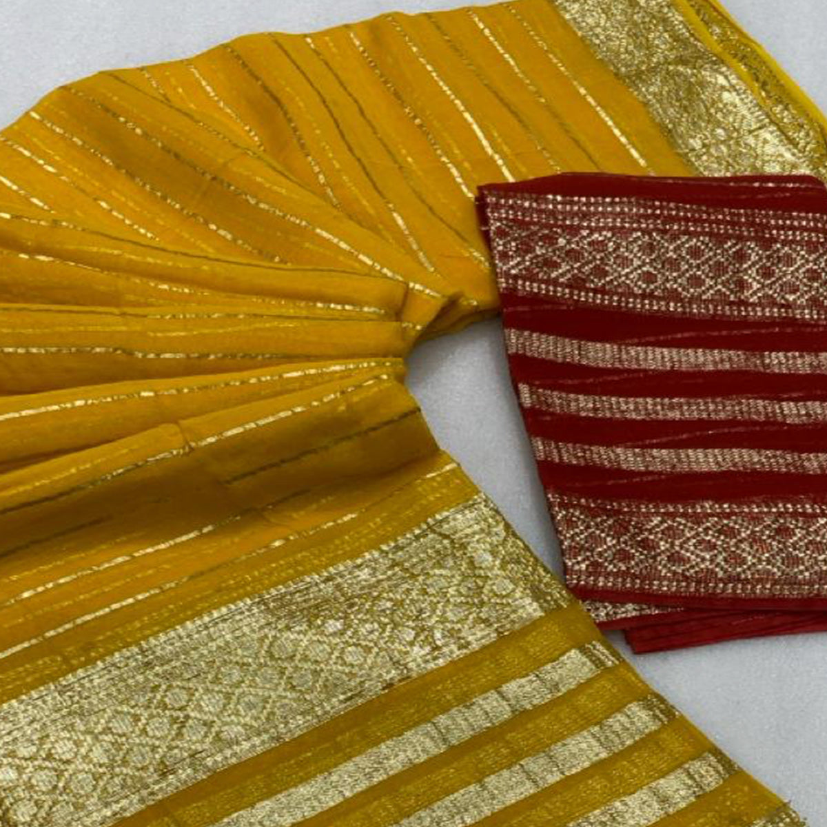 Yellow Striped Zari Woven Viscose Saree