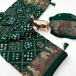 Elegant Bottle Green Bandhani Foil Printed Georgette Saree Highlighted With Soft Tassel Pallu
