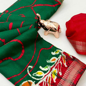 Majestic Green Batik Abstract Printed Cotton Blend Saree With Elegant Zari Weaving Border