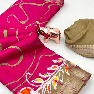 Majestic Pink Batik Abstract Printed Cotton Blend Saree With Elegant Zari Weaving Border