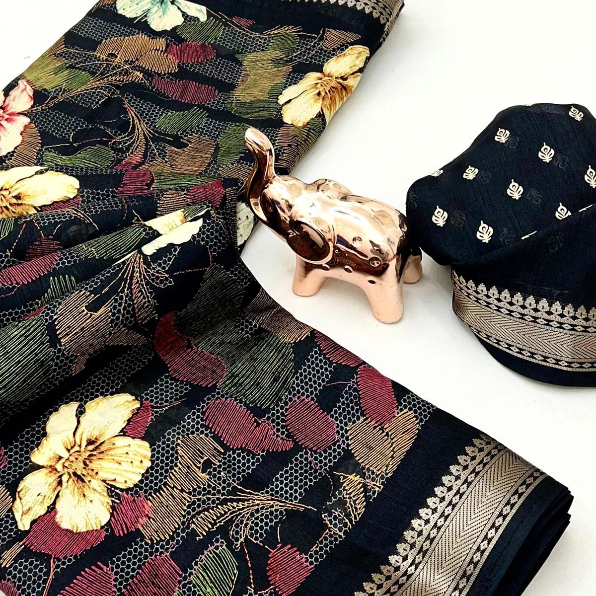 Classic Black Floral Printed Cotton Blend Saree With Elegant Zari Weaving Border