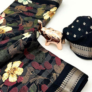 Classic Black Floral Printed Cotton Blend Saree With Elegant Zari Weaving Border