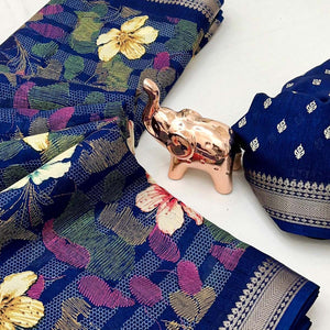 Classic Blue Floral Printed Cotton Blend Saree With Elegant Zari Weaving Border