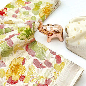 Classic Cream Floral Printed Cotton Blend Saree With Elegant Zari Weaving Border