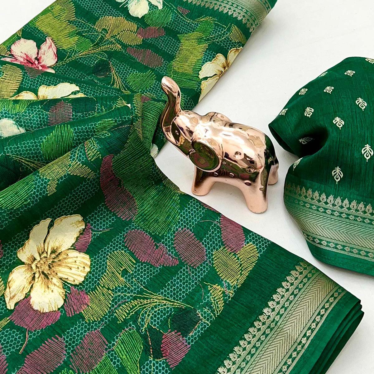 Classic Green Floral Printed Cotton Blend Saree With Elegant Zari Weaving Border