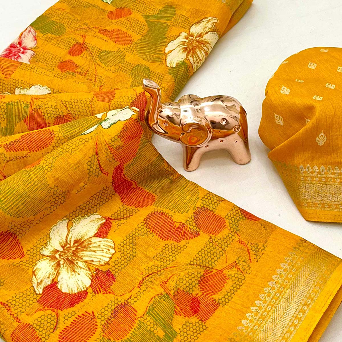 Classic Mustard Floral Printed Cotton Blend Saree With Elegant Zari Weaving Border