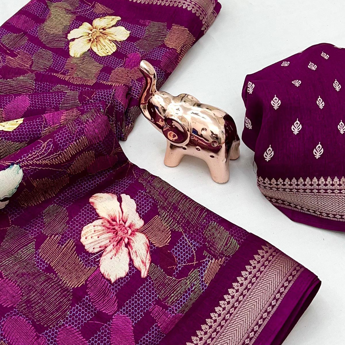 Classic Wine Floral Printed Cotton Blend Saree With Elegant Zari Weaving Border