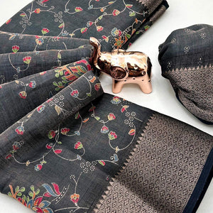 Black Floral Printed Cotton Blend Saree With Zari Woven Border