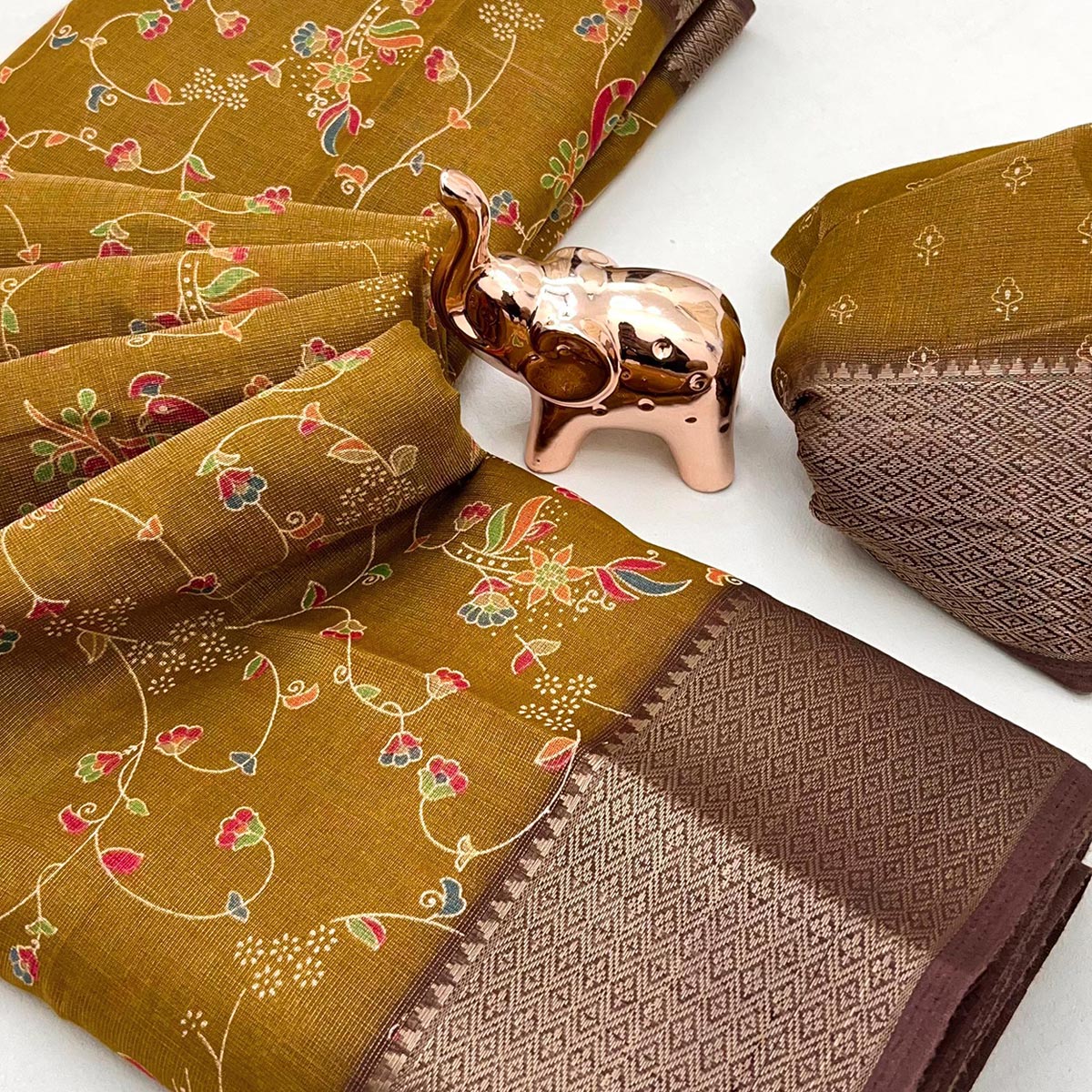 Dark Mustard Floral Printed Cotton Blend Saree With Zari Woven Border