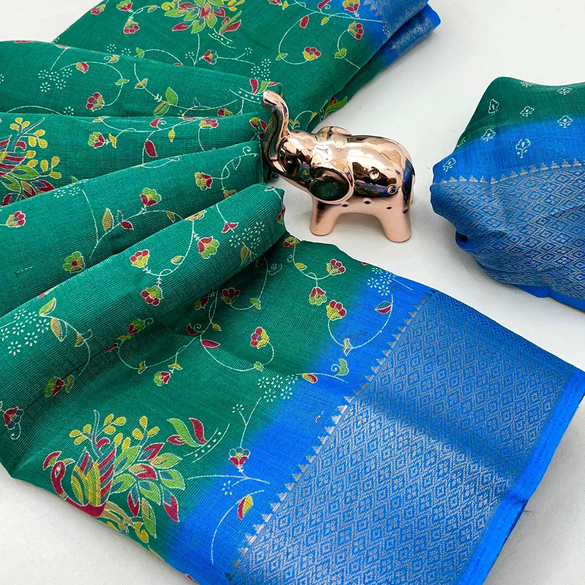 Green Floral Printed Cotton Blend Saree With Zari Woven Border