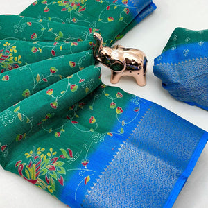 Green Floral Printed Cotton Blend Saree With Zari Woven Border