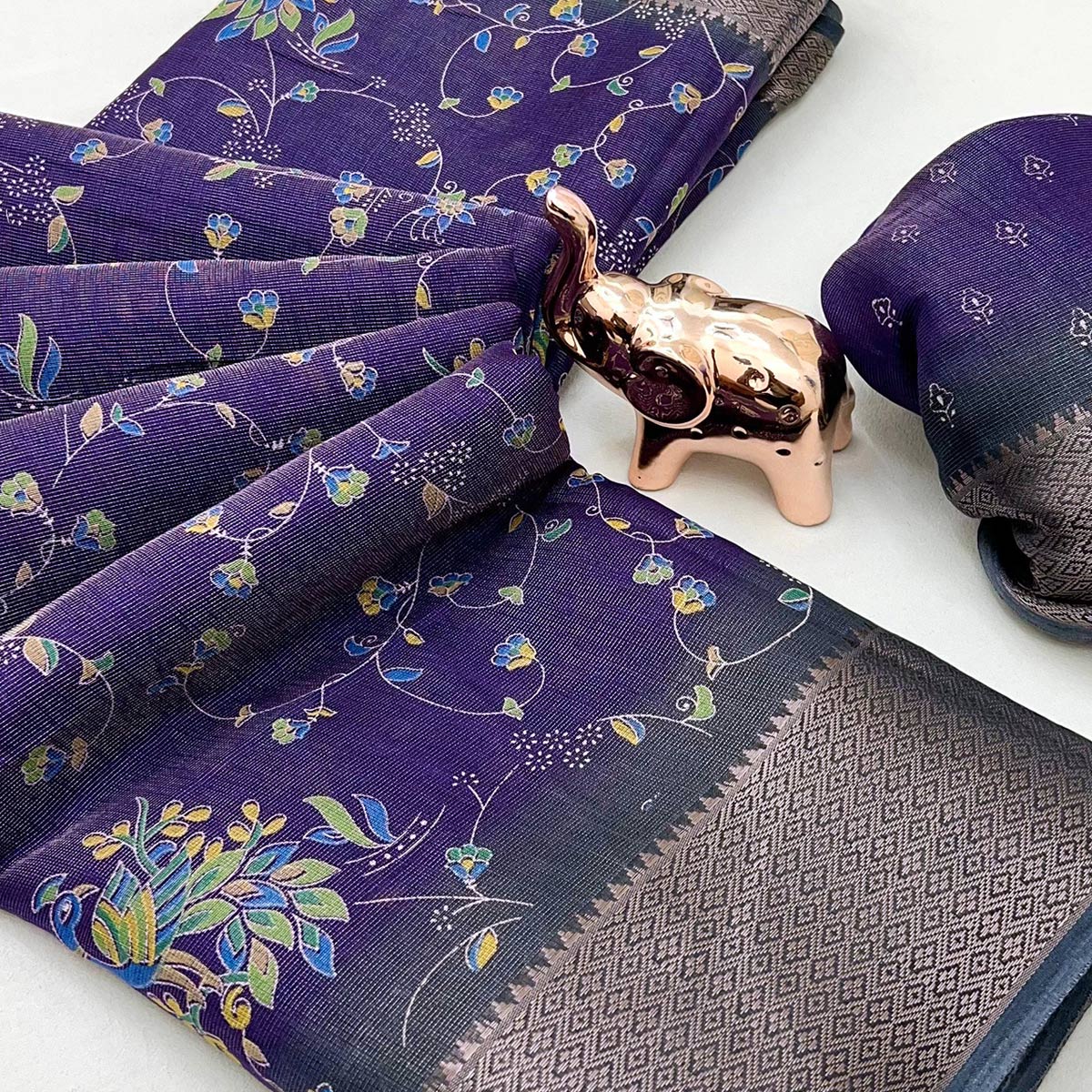 Purple Floral Printed Cotton Blend Saree With Zari Woven Border