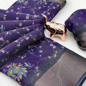 Purple Floral Printed Cotton Blend Saree With Zari Woven Border