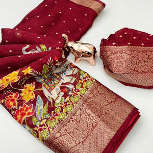 Elegant Maroon Elephant & Floral Printed Georgette Saree Accented With Gleaming Weaving Zari Border