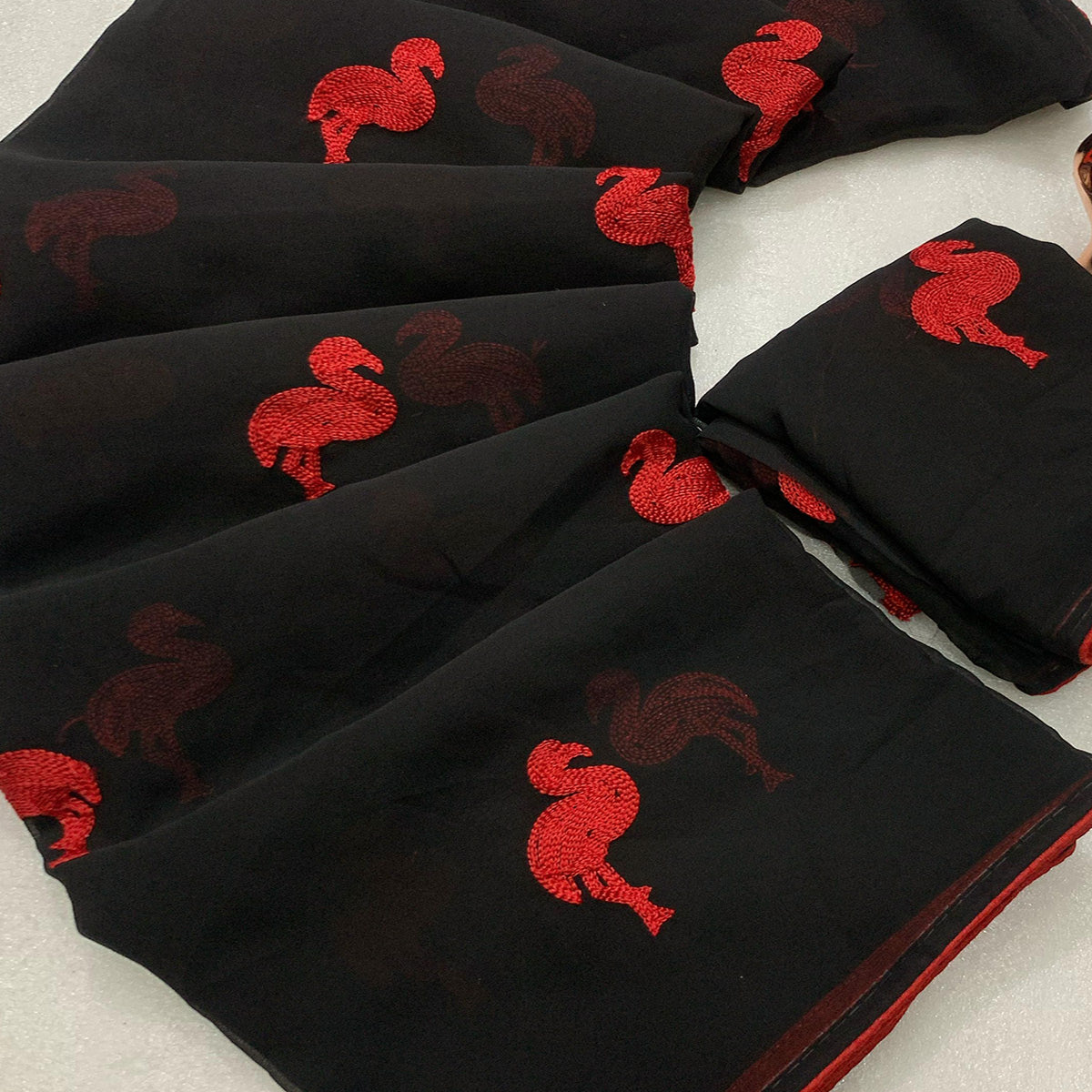 Black Georgette Saree With Intricate Bird Pattern Thread Embroidery