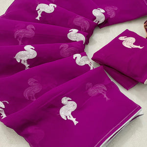 Dark Magenta Georgette Saree With Intricate Bird Pattern Thread Embroidery