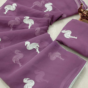 Dusty Purple Georgette Saree With Intricate Bird Pattern Thread Embroidery