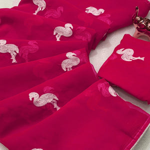 Pink Georgette Saree With Intricate Bird Pattern Thread Embroidery