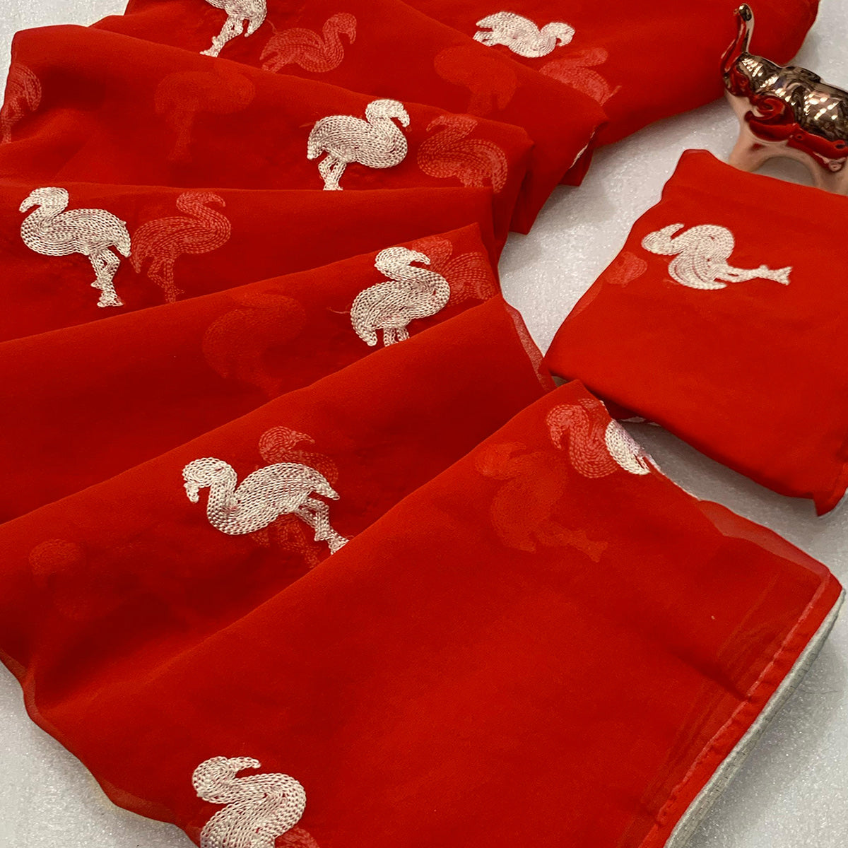 Red Georgette Saree With Intricate Bird Pattern Thread Embroidery