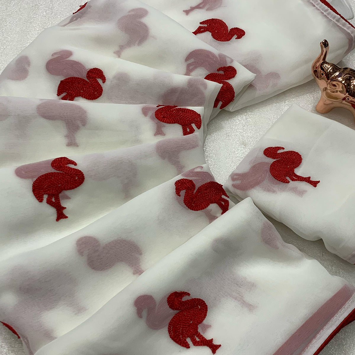 White Georgette Saree With Intricate Bird Pattern Thread Embroidery