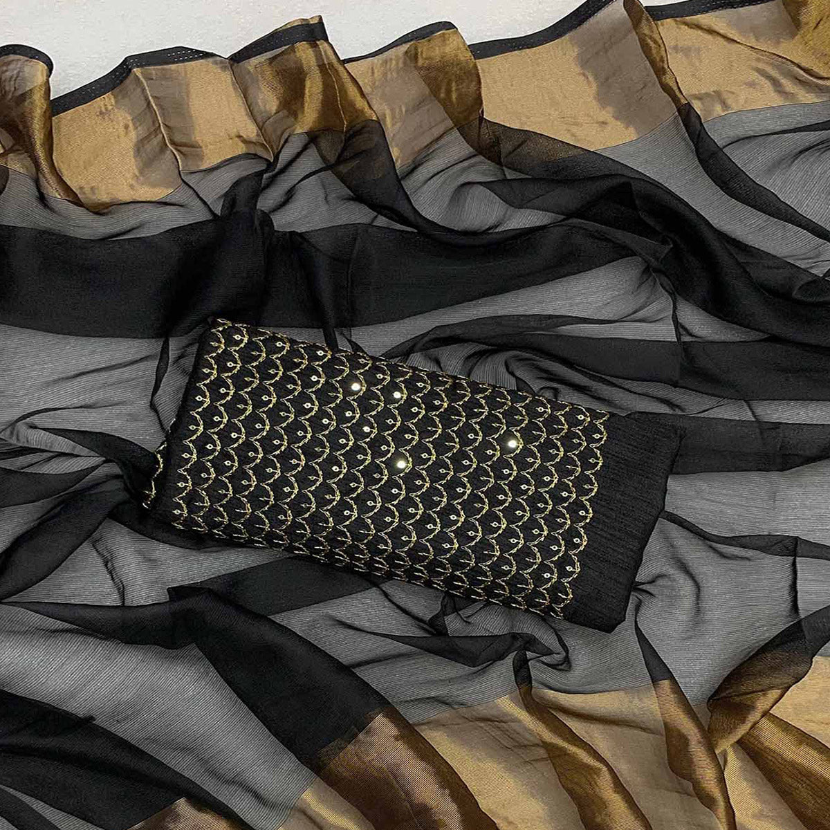 Black Woven Chiffon Saree With Zari Border