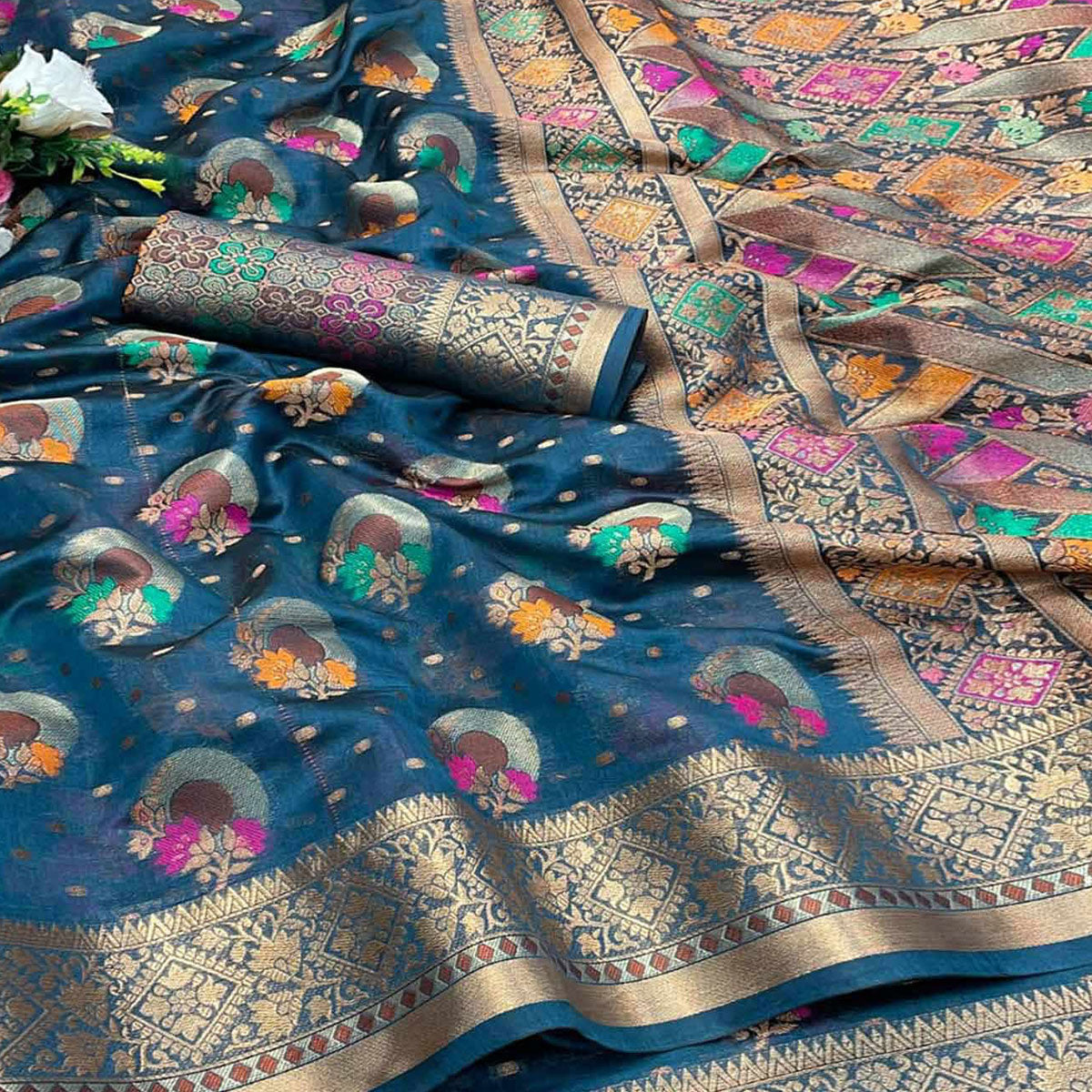 Blue Woven Organza Saree with Jacquard Border