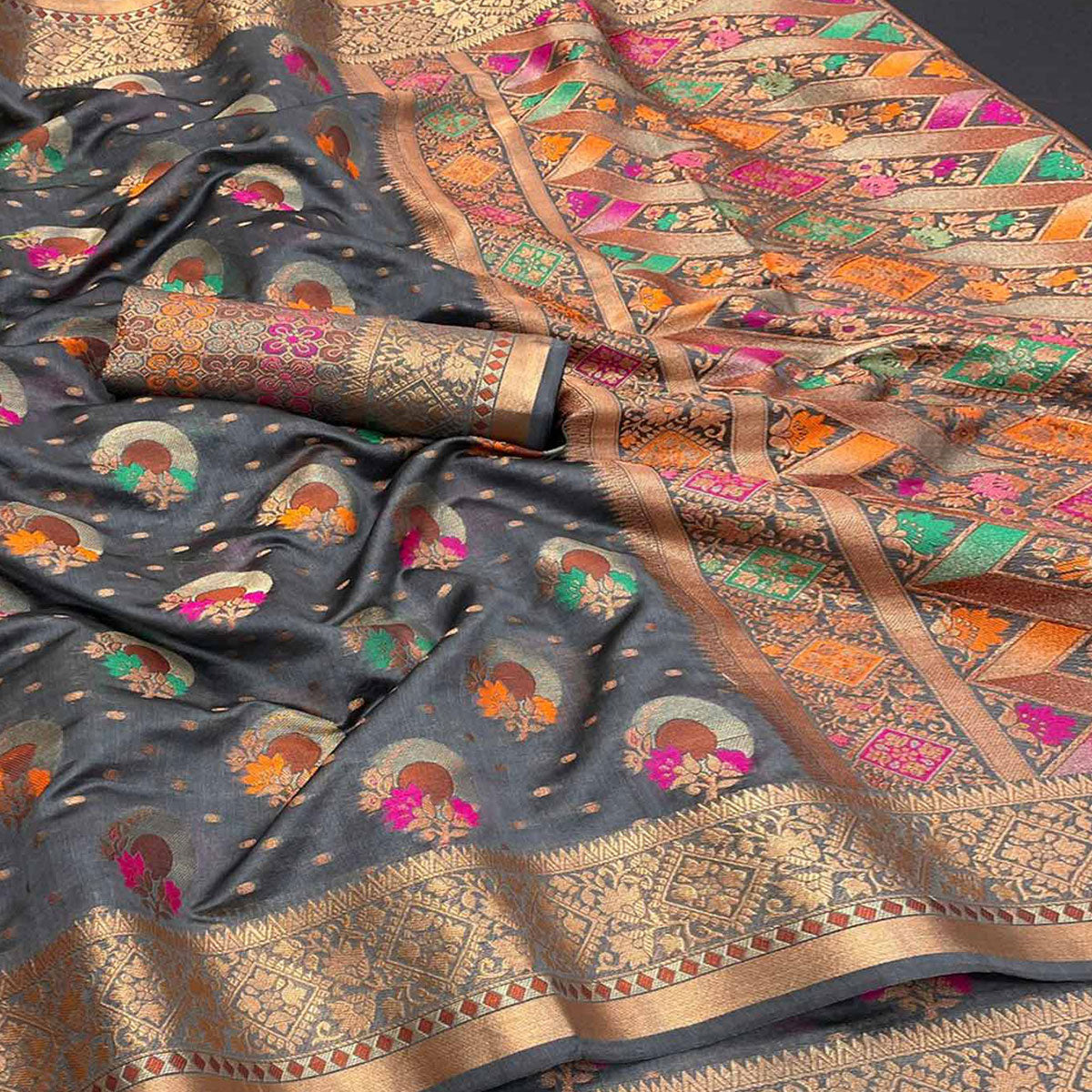 Grey Woven Organza Saree with Jacquard Border