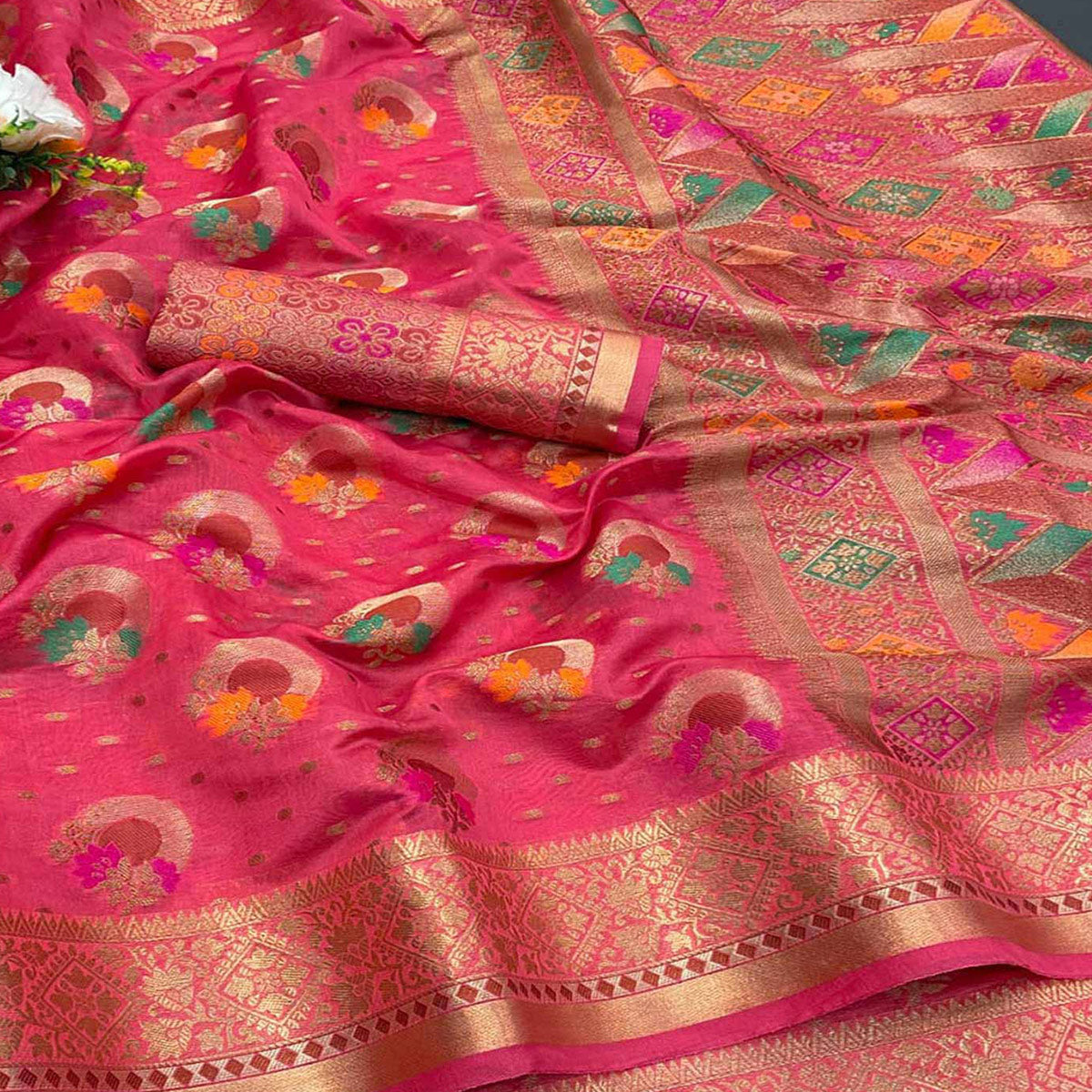 Pink Woven Organza Saree with Jacquard Border