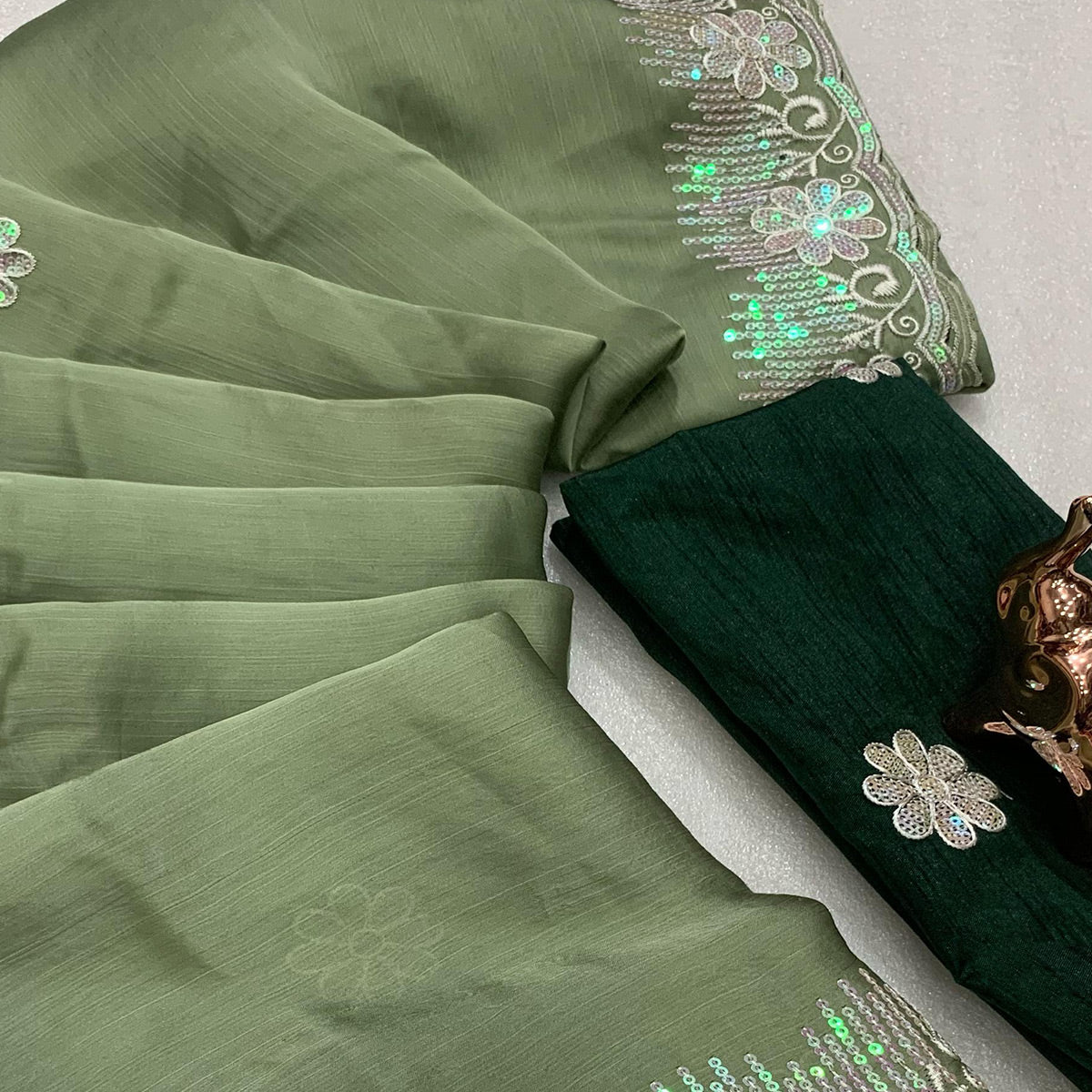 Lightweight Green Embroidered Saree with Shimmering Sequins on Chiffon