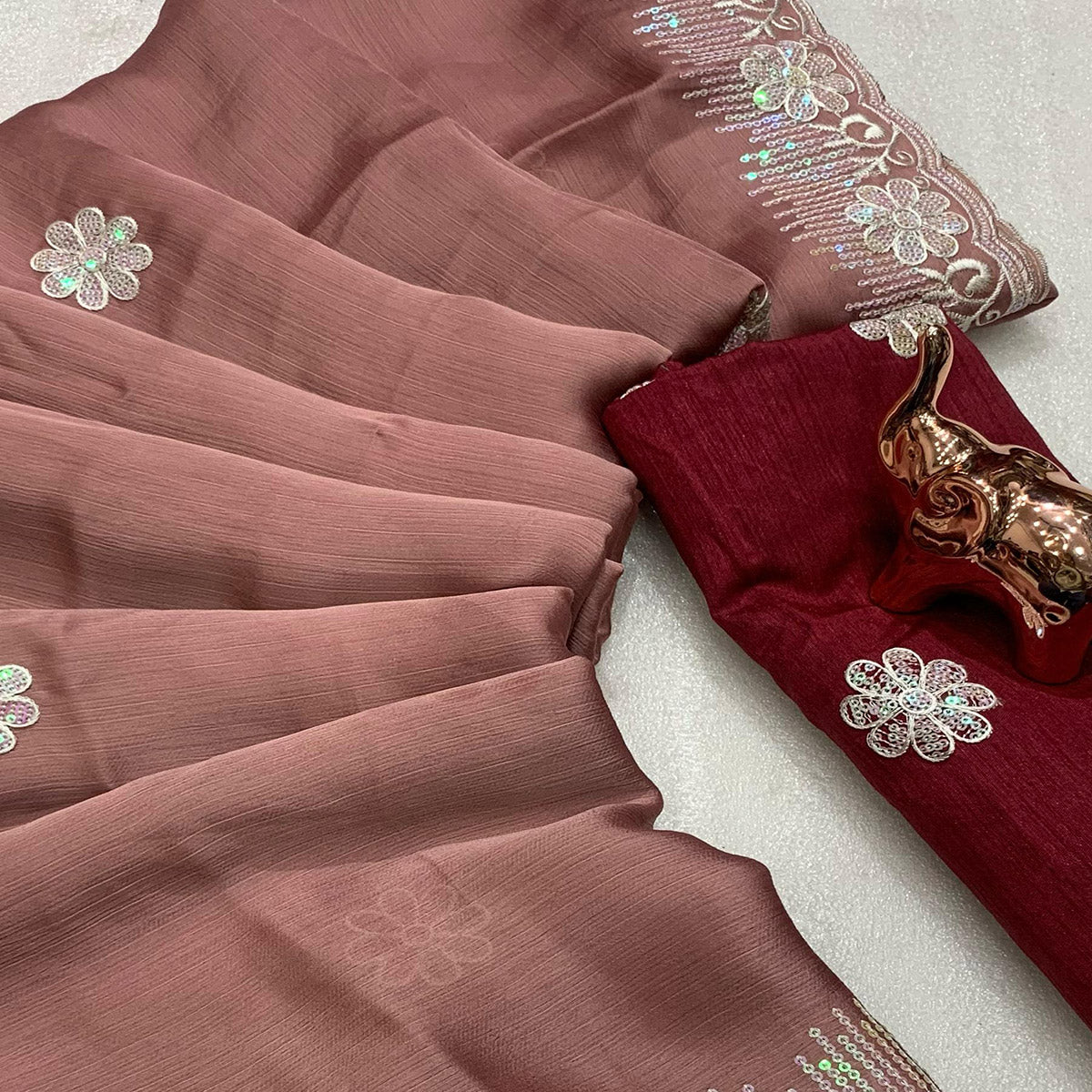 Lightweight Rosewood Brown Embroidered Saree with Shimmering Sequins on Chiffon
