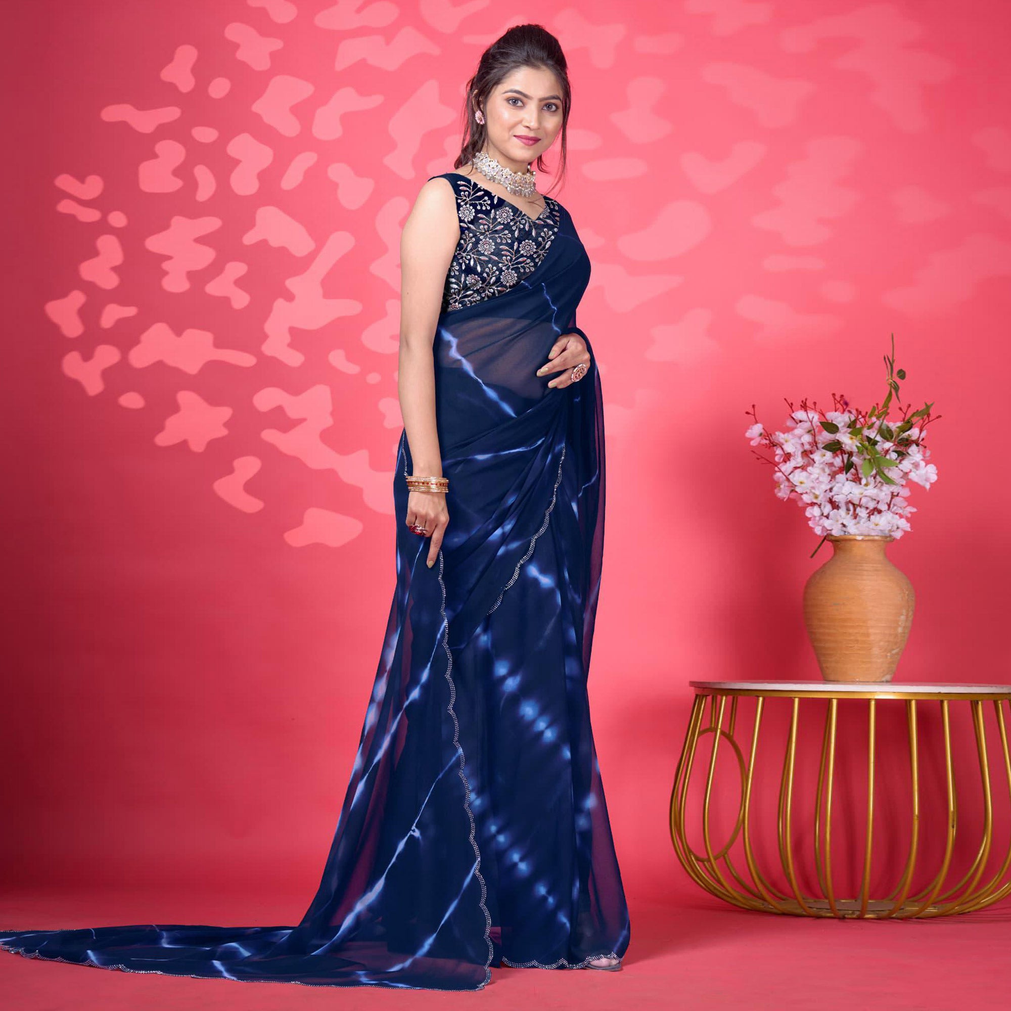 Blue Leheriya Printed Georgette Saree