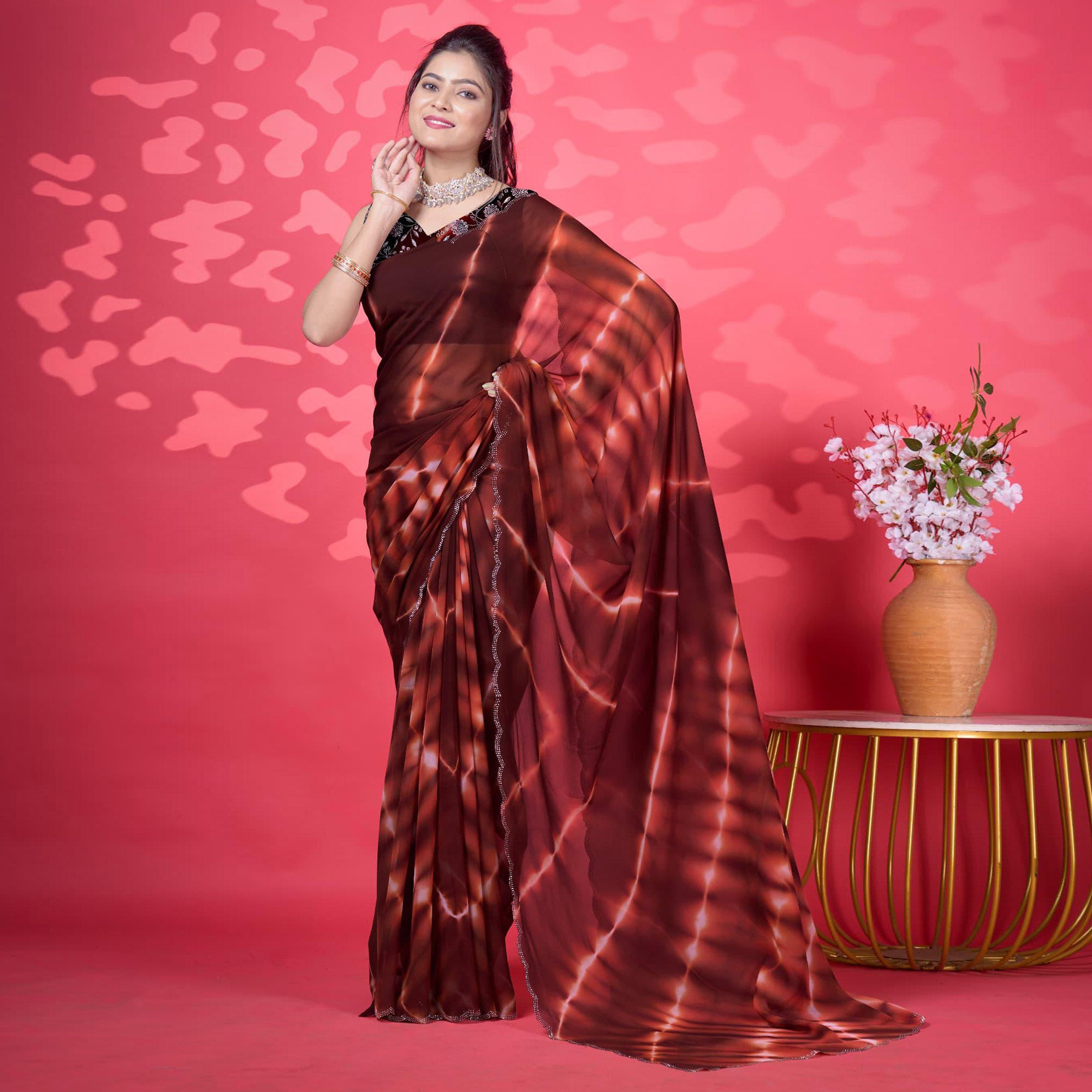 Brown Leheriya Printed Georgette Saree