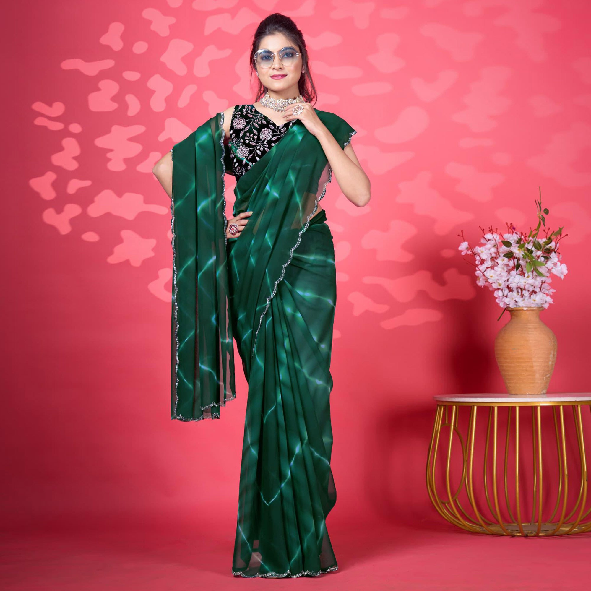 Green Leheriya Printed Georgette Saree