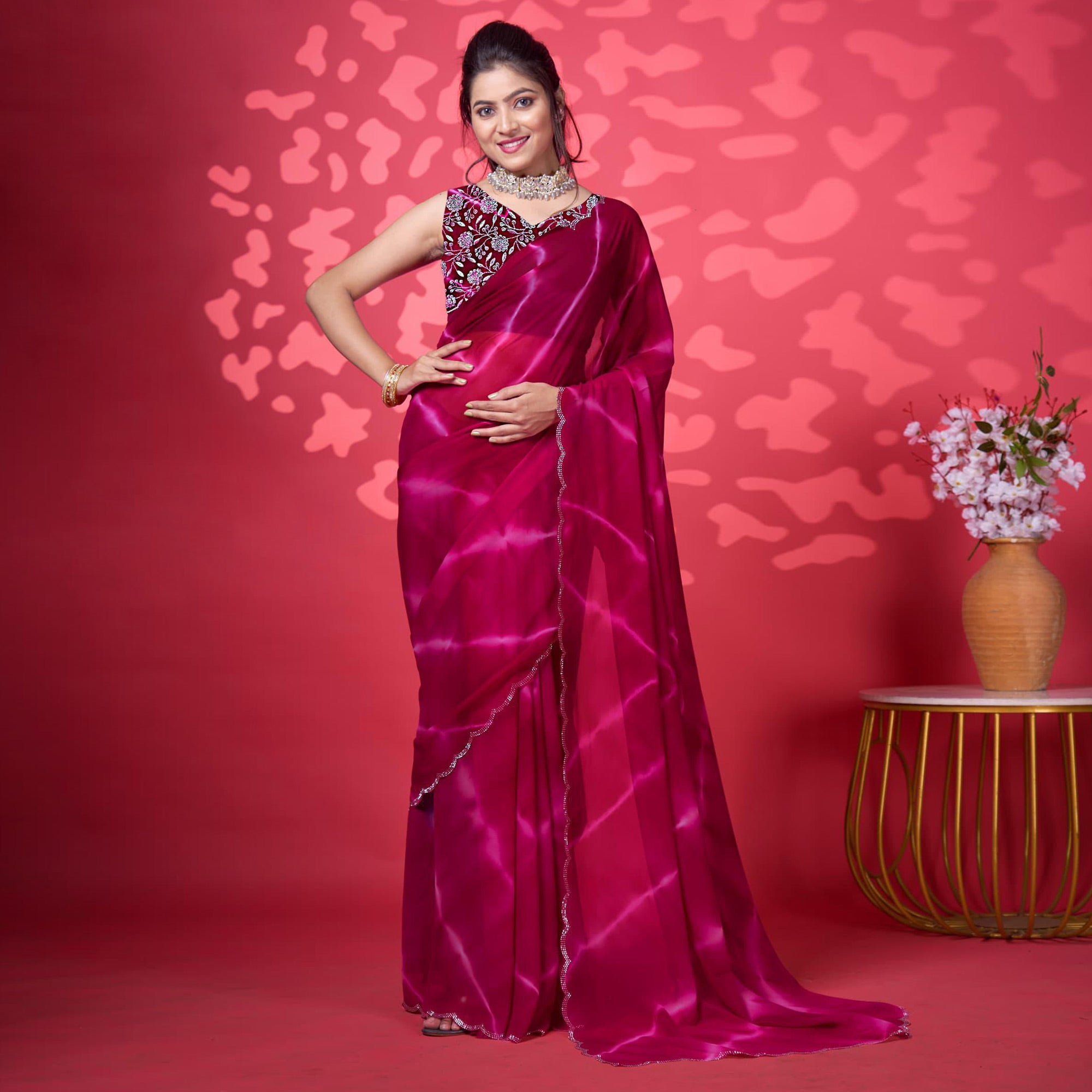 Magenta Leheriya Printed Georgette Saree