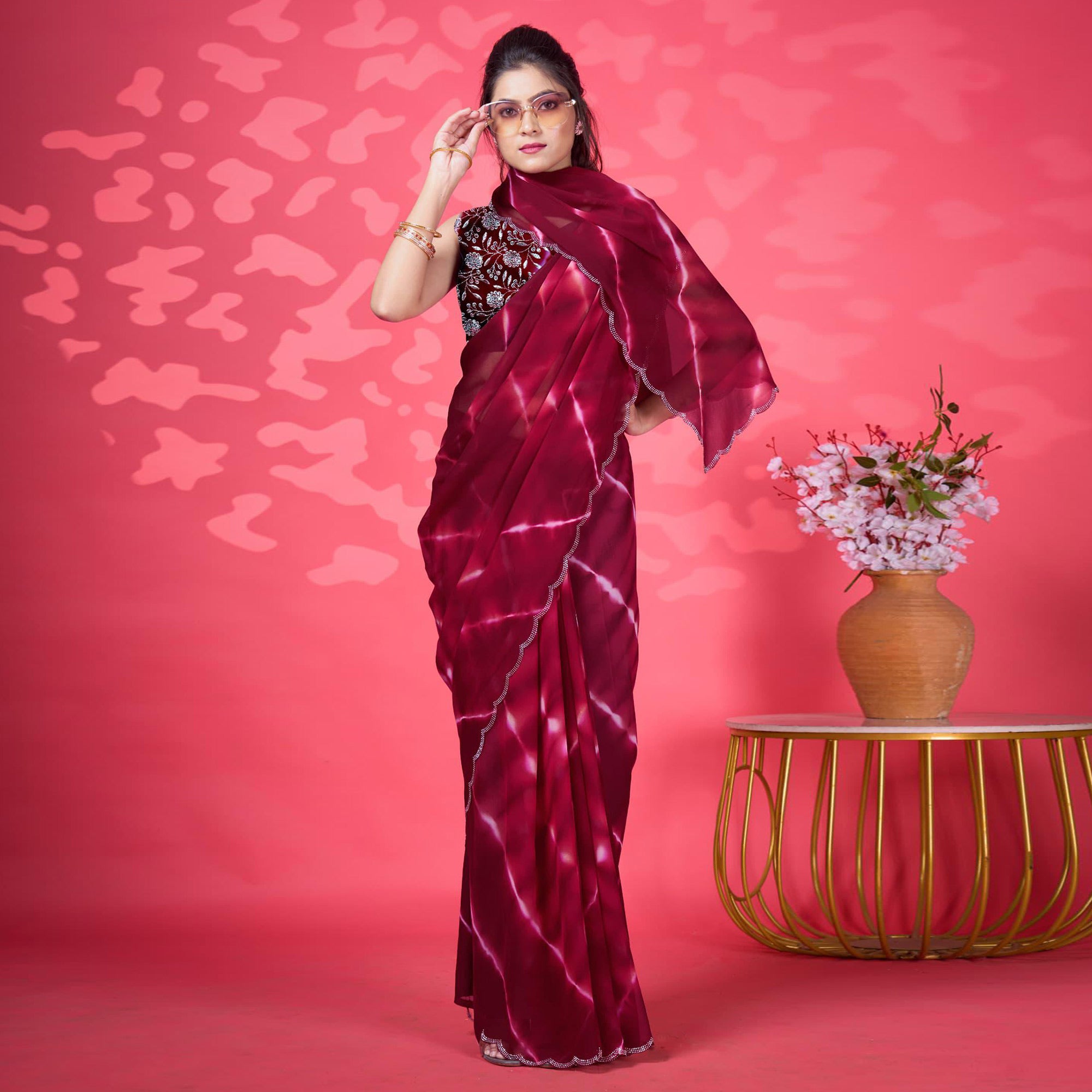 Wine Leheriya Printed Georgette Saree