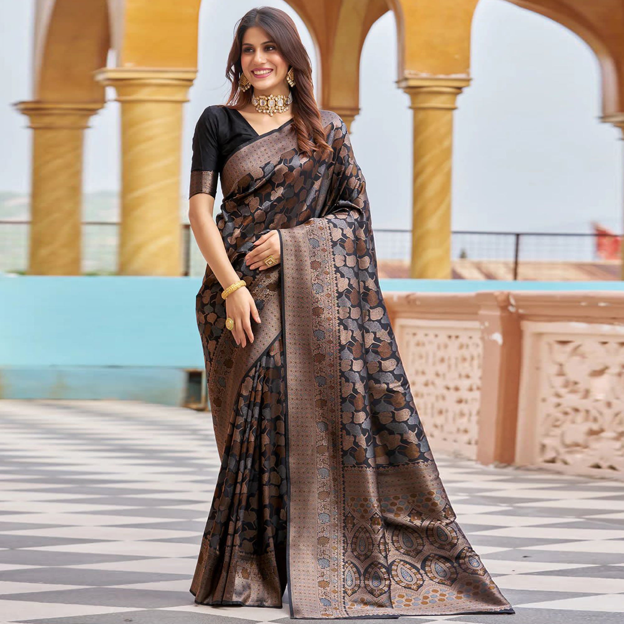 Black Floral Woven Banarasi Silk Saree