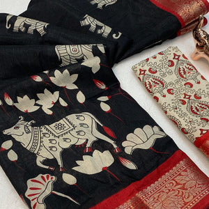 Heritage Inspired Black Mulmul Saree Featuring Pichwai Art Prints