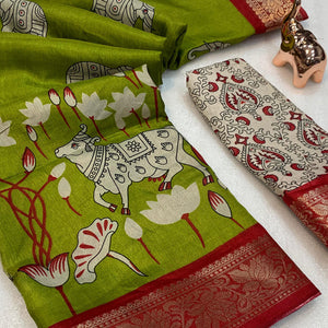 Heritage Inspired Green Mulmul Saree Featuring Pichwai Art Prints
