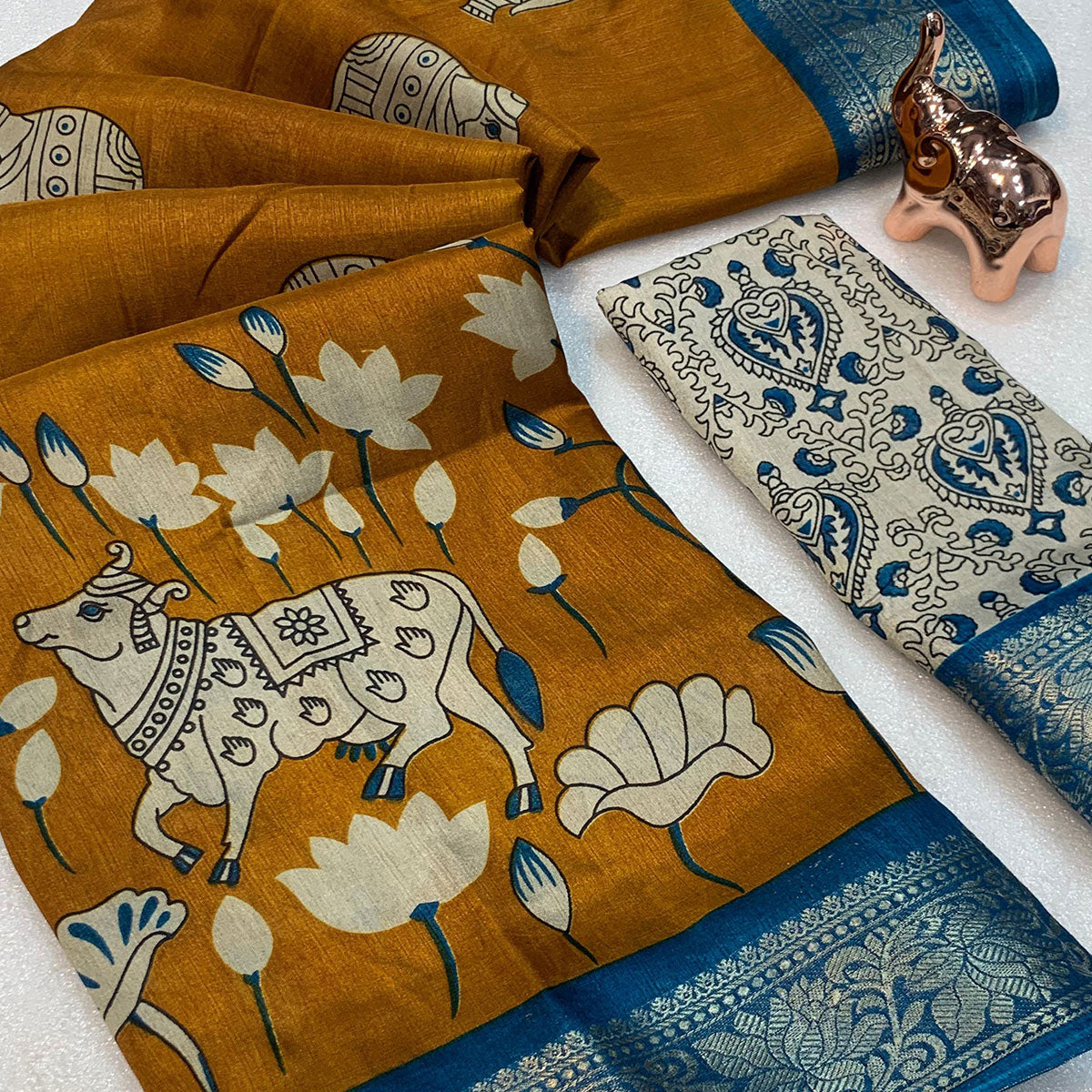 Heritage Inspired Mustard Mulmul Saree Featuring Pichwai Art Prints